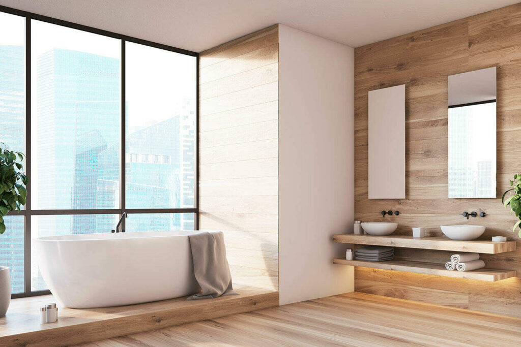 baño de azulejo imitación madera